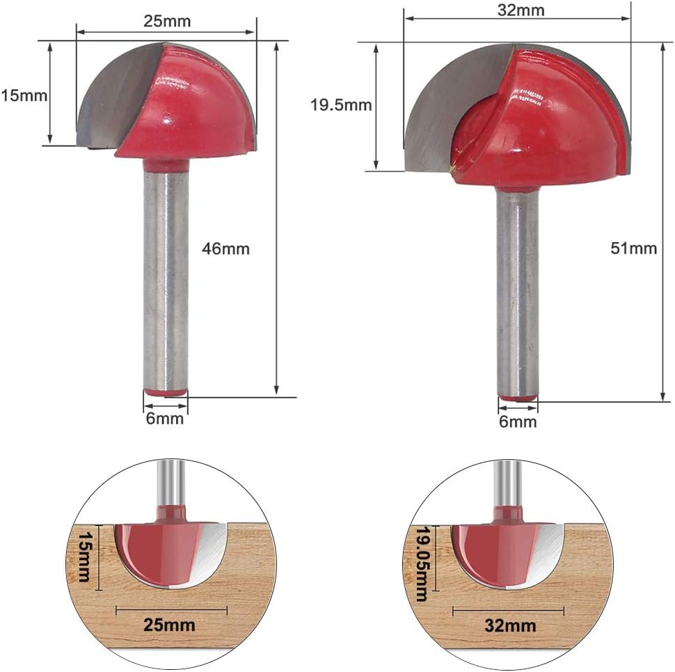 Saipor 4pcs 6mm Round Nose Cove Core Box Router Bit Double Flute Round Groove Router Bit Woodworking Tool, 16-32mm Cutting Diameter - Image 4