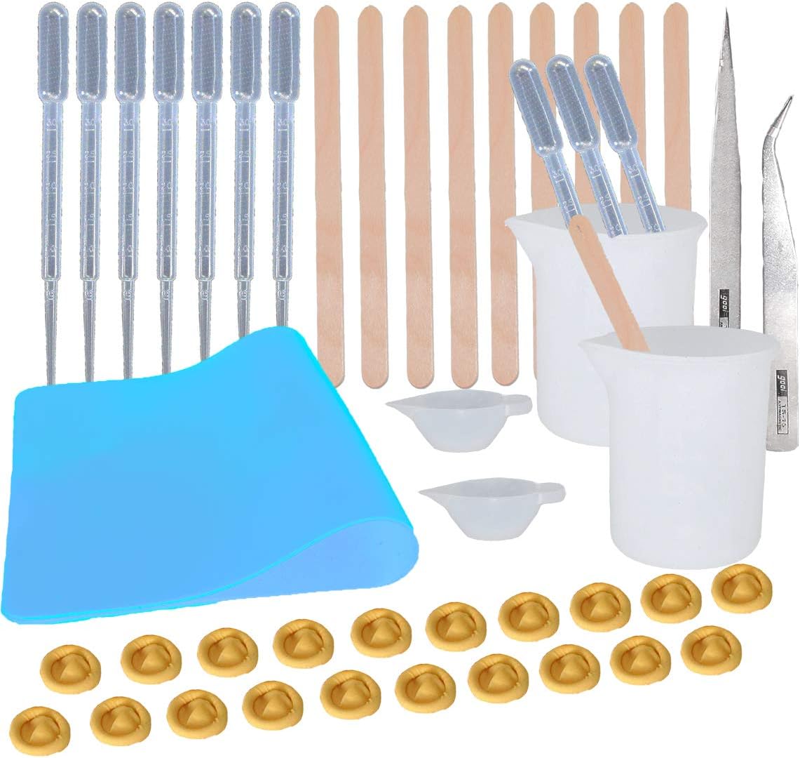 Epoxy Resin Tools Kit- 1pc Blue A4 Silicone Sheet, 2pcs 100ml Silicone Measuring Cups, 2pcs Silicone Mixing Cups, 2pcs Tweezers with Mixing Sticks,Dropping Pipette, Finger Cots