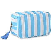 THOVSMOON Quilted Makeup Bag for Women, Stripe Cosmetic Pouch with Tassel Zipper Travel Toiletry Organizer (White-Blue)