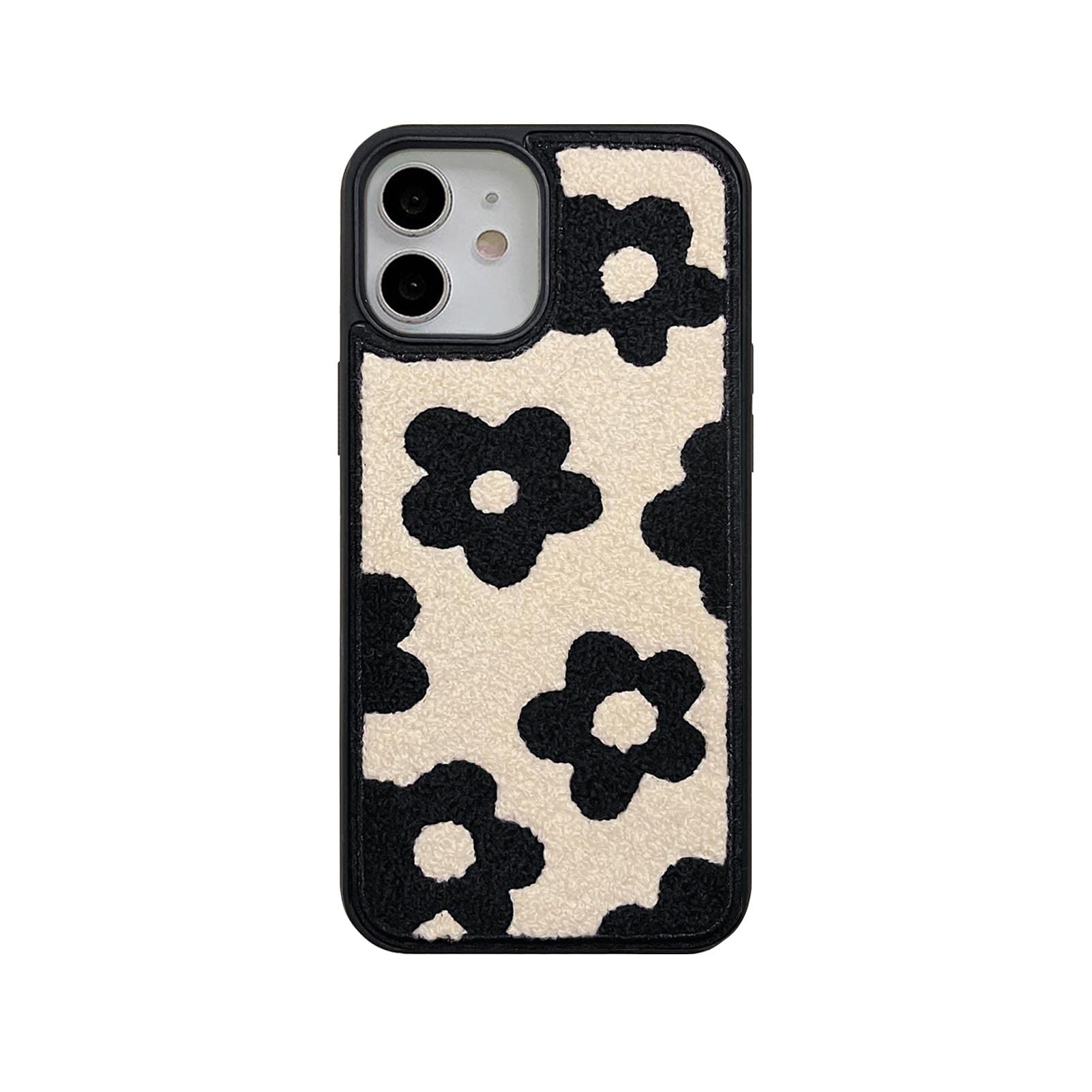 Photo 1 of Tewwsdi Compatible for iPhone 12/12 Pro Case Cute Flower Soft,Retro Aesthetic Chic Carpet Case for iPhone 12 Floral Design,Fluffy Girls Case for iPhone 12(Black Flowers)