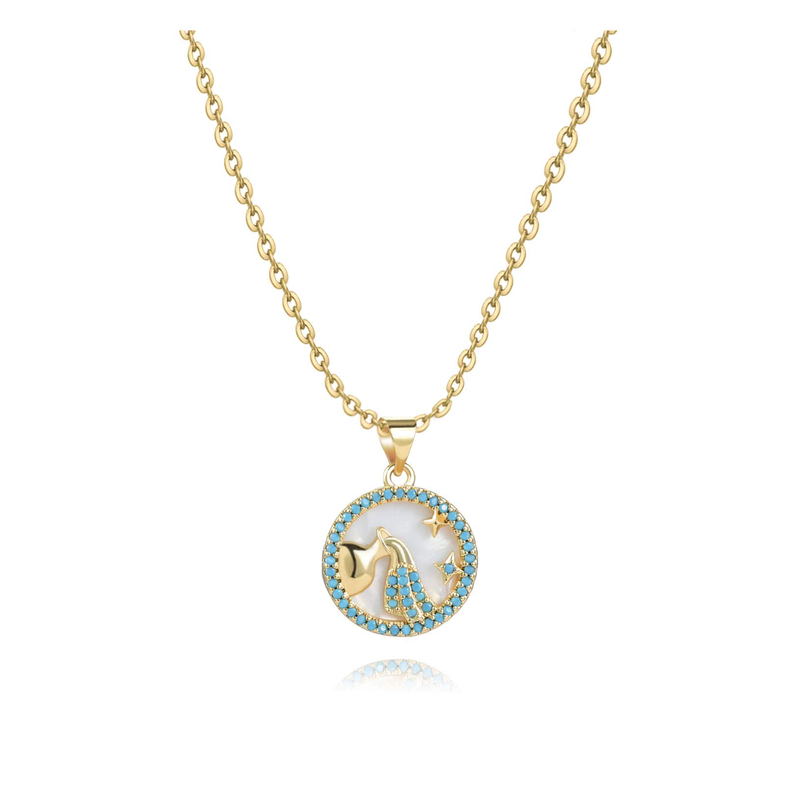 SBI Jewelry Aquarius Light Blue CZ Gold Zodiac Necklace for Women Birthstone January February Happy Birthday Family Anniversary