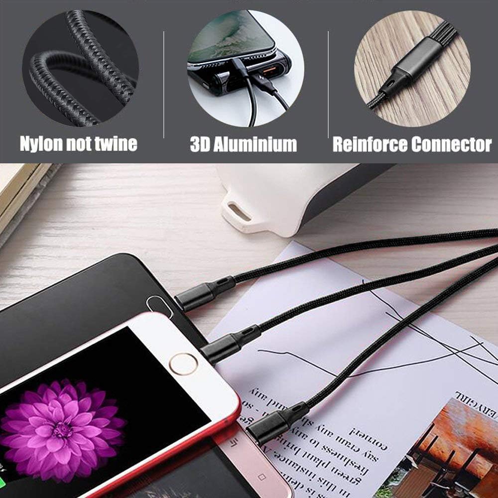 Multi Charging Cable, Multi Charger Cable 2Pack Short 1FT Nylon Braided Universal 3 in 1 Multiple USB Cable Charging Cord Adapter with Type-C, Micro USB Port Connectors for Cell Phone Tablets