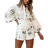 Molilove Womens 2 Piece Outfit Hawaiian Long Sleeve Button Down Shirt Shorts Tracksuit Lounge Set Shorts Set