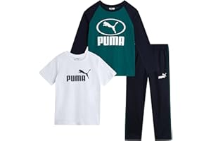 PUMA Toddler Boys Pants Set - 3 Piece Short Sleeve T-Shirt, Long Sleeve T-Shirt and Tricot Pants - Boys Activewear Set, 2T-7