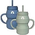 Hippypotamus Silicone Transition Cups - Squeeze-Proof Toddler Cups With Straw & Lid - Removable Handles - Set of 2 (Sage/Fog)