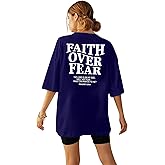 BANGELY Faith Over Fear Shirt Women Graphic Shirts Oversized Workout Gym Christian Religious Tees Drop Shoulder Tee Tops