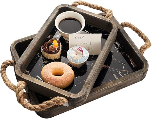Amazon Com 2pcs Wood Serving Tray With Jute Rope Handle Vintage