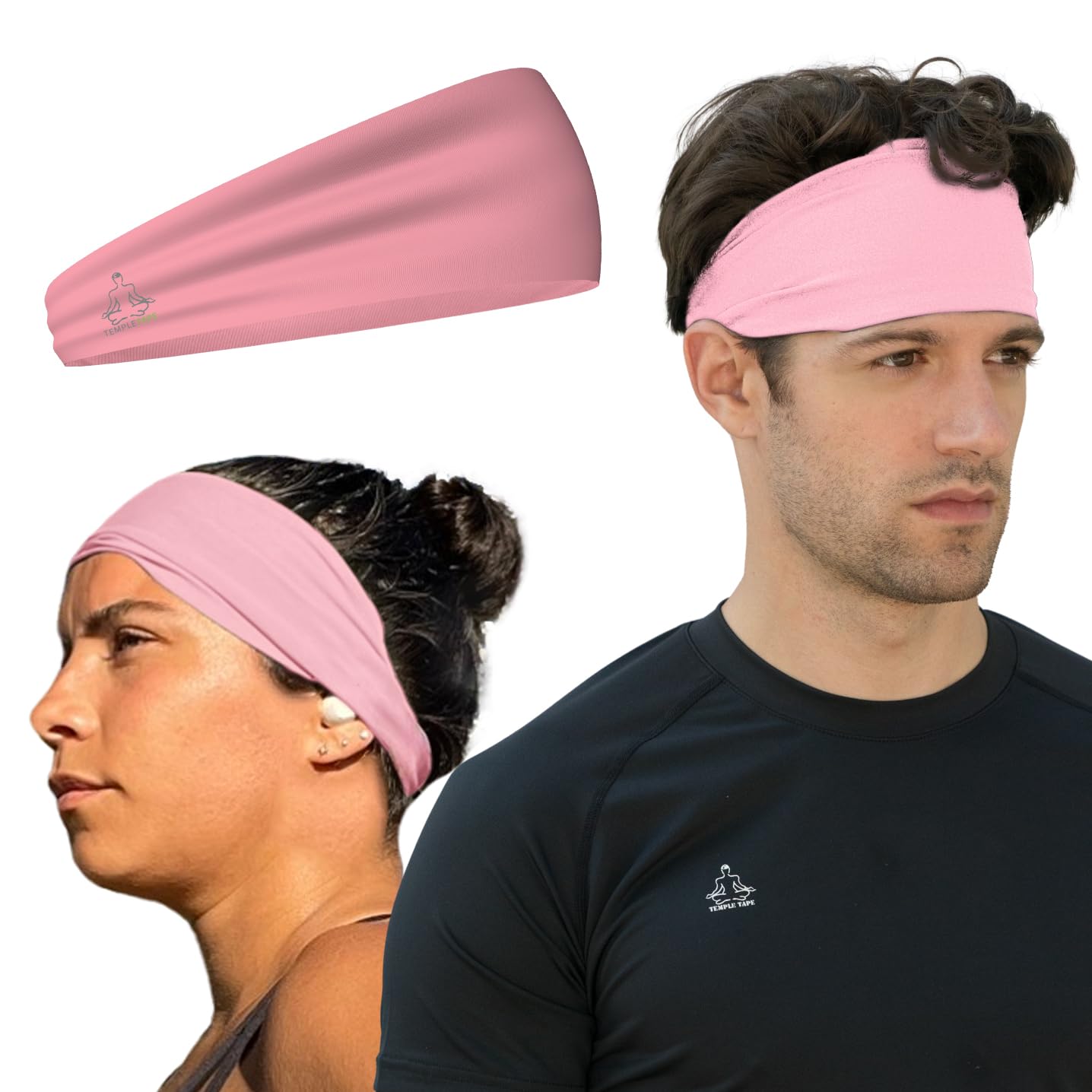 Temple Tape Headbands for Men and Women - Mens Sweatband & Sports Headband Moisture Wicking Workout Sweatbands for Running, Cross Training, Yoga and bike helmet friendly - Pink