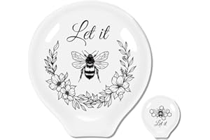 ANATTASOUL 2Pcs Ceramic Coffee Spoon Rest Bee and Hive Pattern 3.34"x3.54" Cute Spoon Holder, Heat Resistant Utensil Holder f
