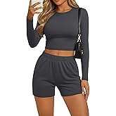 Evervibe 2 Piece Women's Lounge Set Long Sleeve Crew Neck Top Matching High Waist Short Casual Lounge Wear Pajama Sets(Dark Gray,Large)