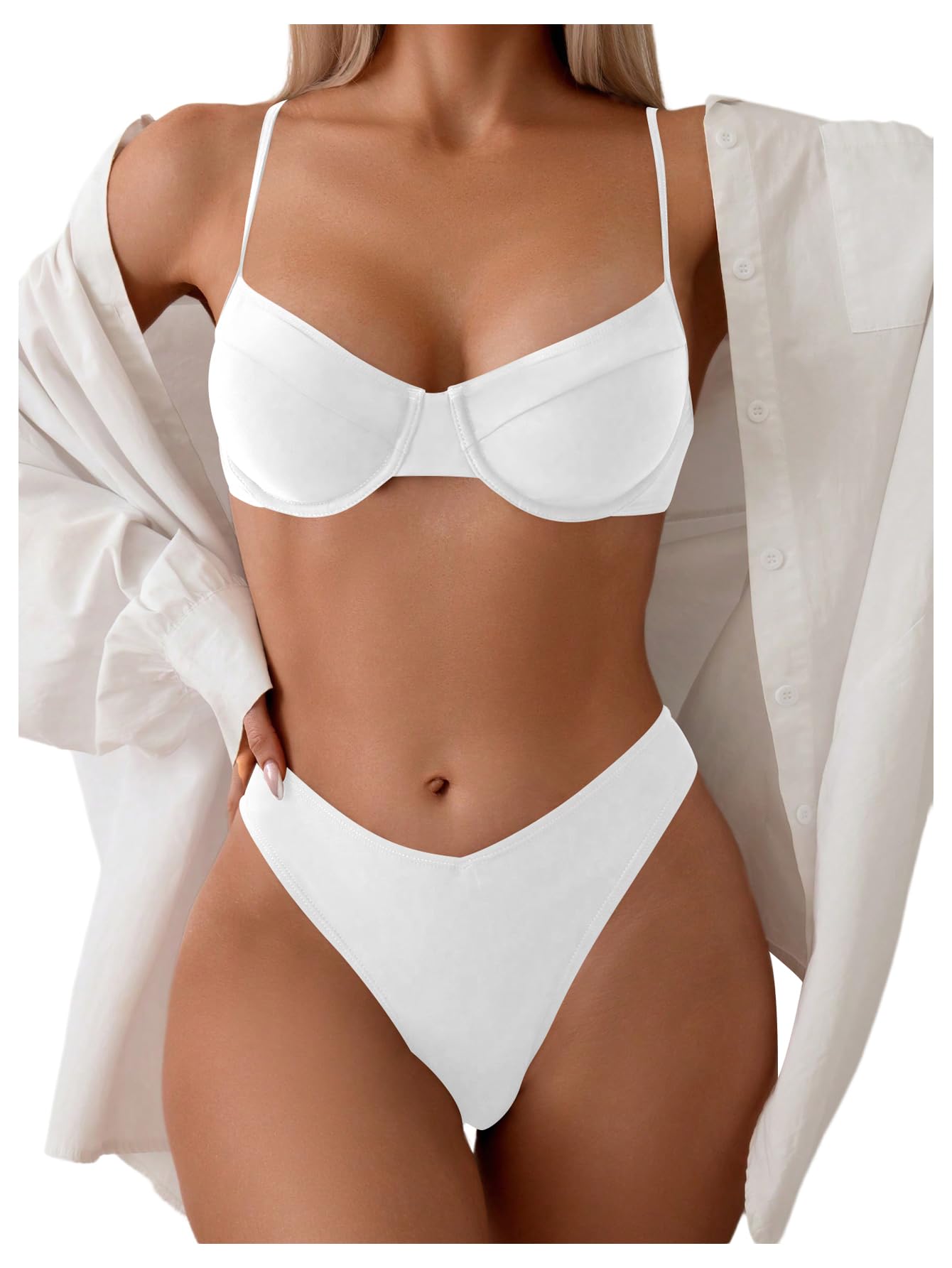 Photo 1 of (BAGGED) (SMALL) SweatyRocks Women's 2 Piece Bikini Set Spaghetti Strap High Cut Push Up Underwire Swimsuit White Small