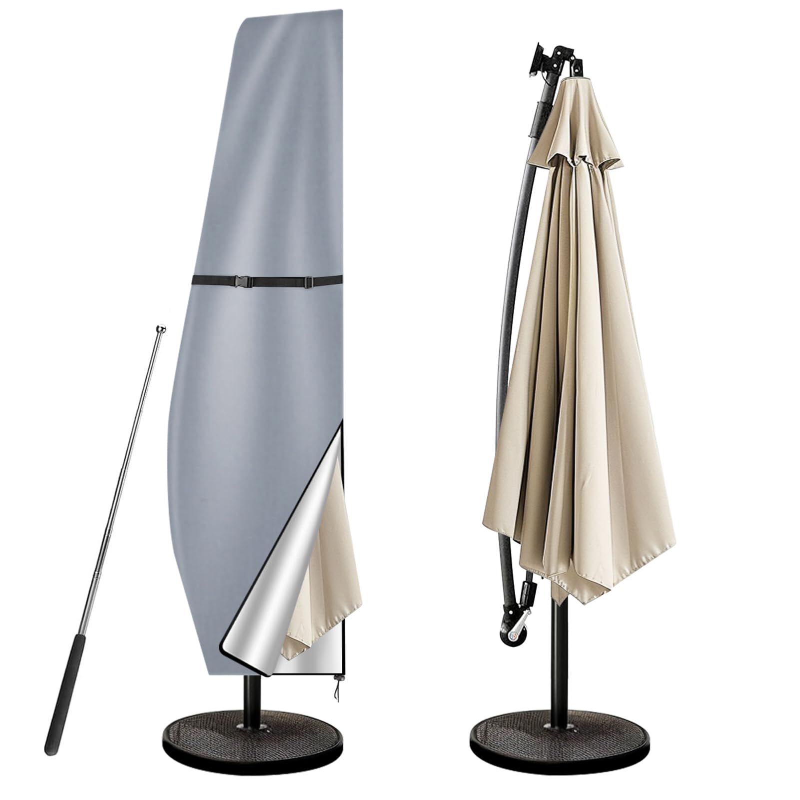 wiipara Parasol Cover with Rod, Parasol Protective Cover fit for Waterproof UV-Block Windproof Large Umbrella Cover with Zip and Storage Bag for Garden Outdoor (Grey, 265x40x70/50(bottom) cm)