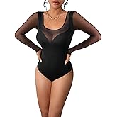 Pasgreson Women's Sexy long sleeve Bodysuit See Through Tops Party Night Out Club Outfits Slim Leotard Body Suits,L