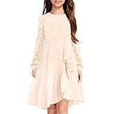 MITILLY Girls Lace Flower Ruffle Dress Long Sleeve Chiffon A Line High Low Junior Bridesmaid Dresses for Wedding Party New