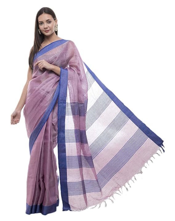 Womens Bhagalpuri Tissue Linen Wine Saree With Plain Zari Border contrast Blouse Piece