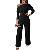 YMDUCH Women's Fall Elegant Long Sleeve Off Shoulder Wide Leg Long Pant Jumpsuits