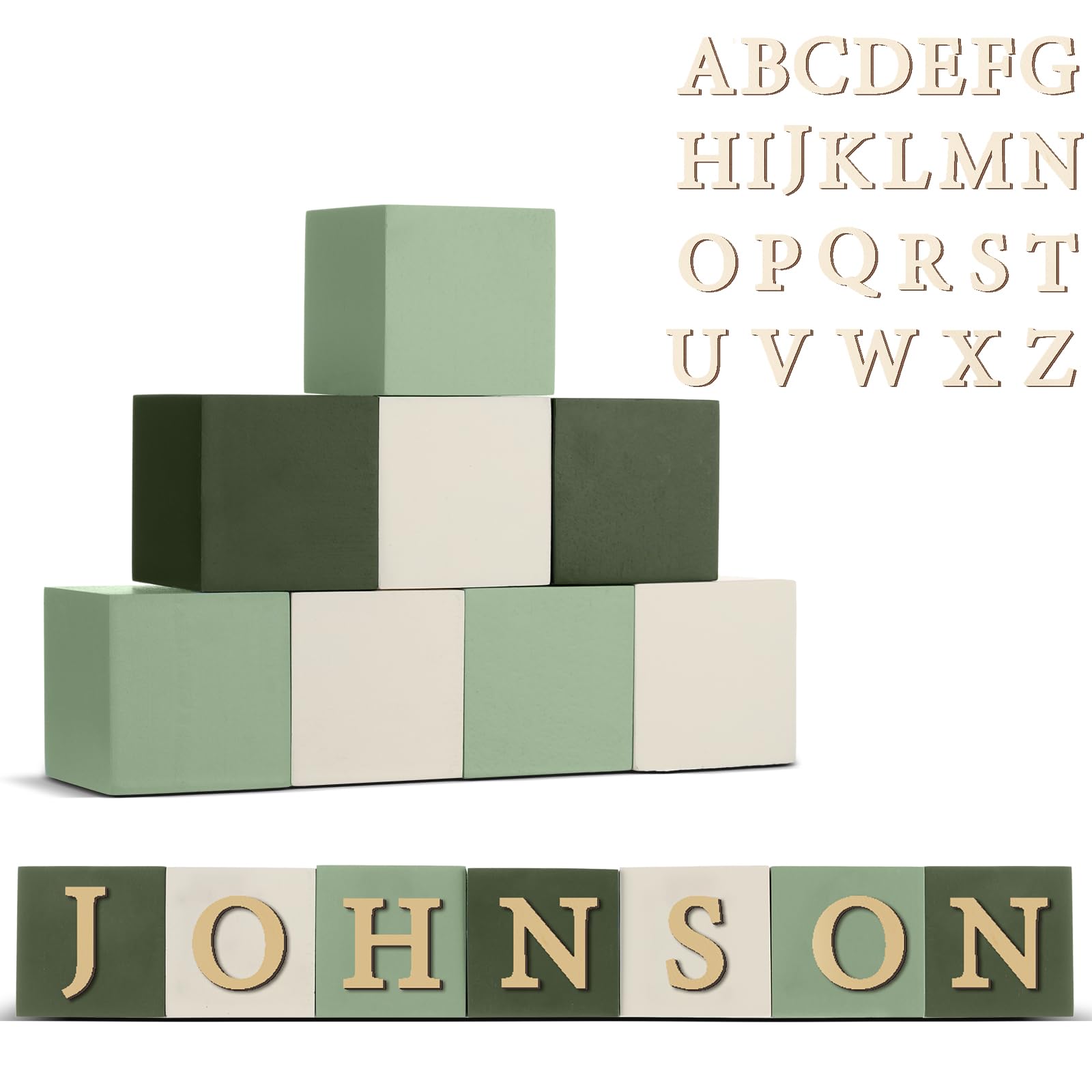 Photo 1 of Kigley 8 Pcs Custom Wooden Name Sign 8 Letter Blocks and 78 Wooden Letter Name Wooden Cubes Wooden Blocks for Montessori Shower Name Alphabet Wood Signs (Green)