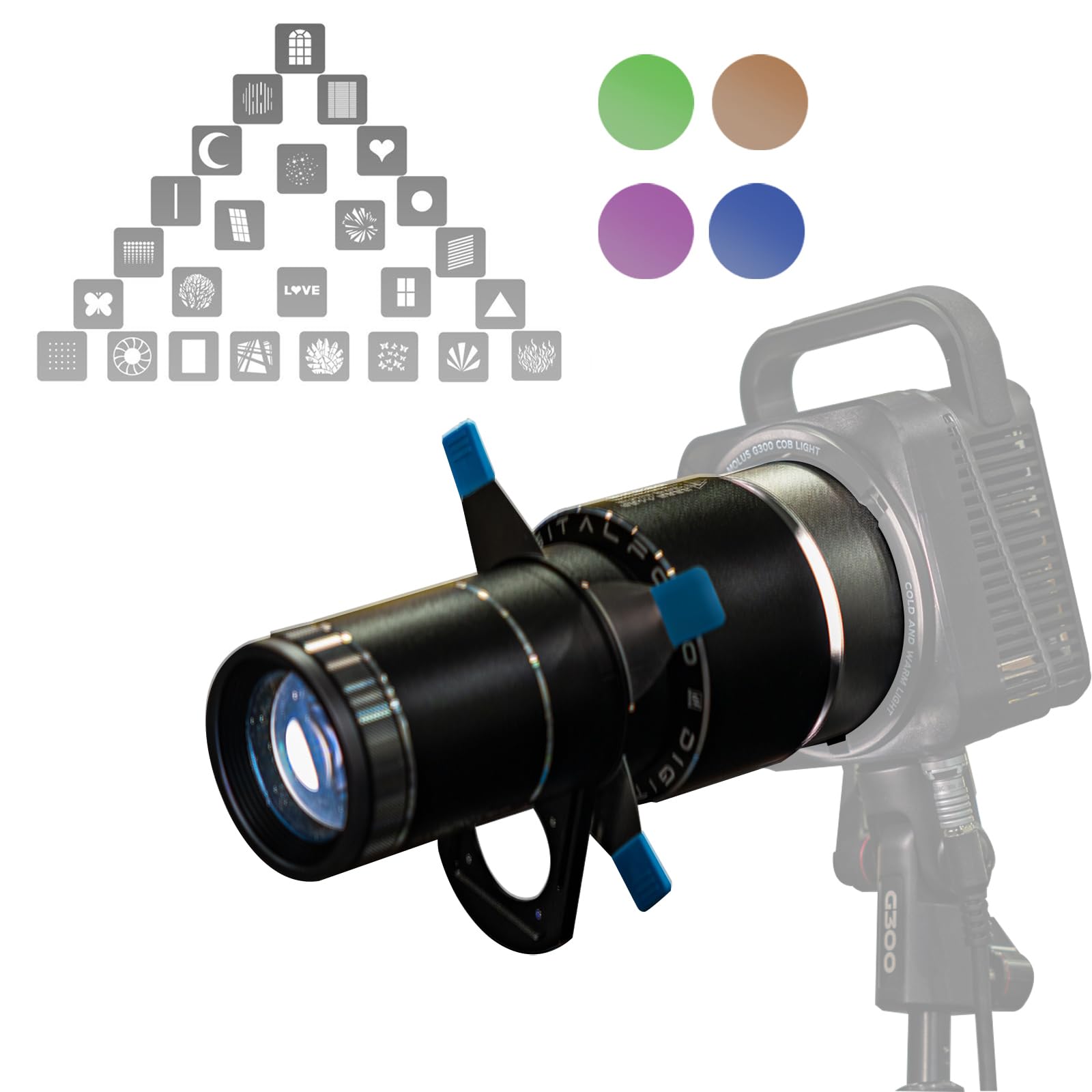 DF DIGITALFOTO Optical Snoot Bowens Mount Gobo Projector, 25 Gobos, 2nd Generation Projection Attachment for Photography Spotlight, Compatible with Aputure Amaran 100X/D 200D/X, Godox SL60, Focusable