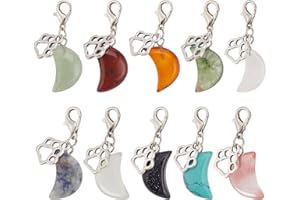 DELORIGIN 12pcs Natural Gemstone Pet Collar Charms, Moon Shaped Jewelry Charms Colorful Dog Paw Pet Puppy Collar Pendants Clip-on Charms for Dog Cat Bag Keychain Pet Necklace Home Decor