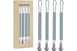 AMAZINGM One Piece Design Silicone Pacifier Clip Holder for Baby Boys and Girls,Pack of 4 Flexible Paci Leash,Binky Clips,Newborn Essentials (Metal Clip, Gray)