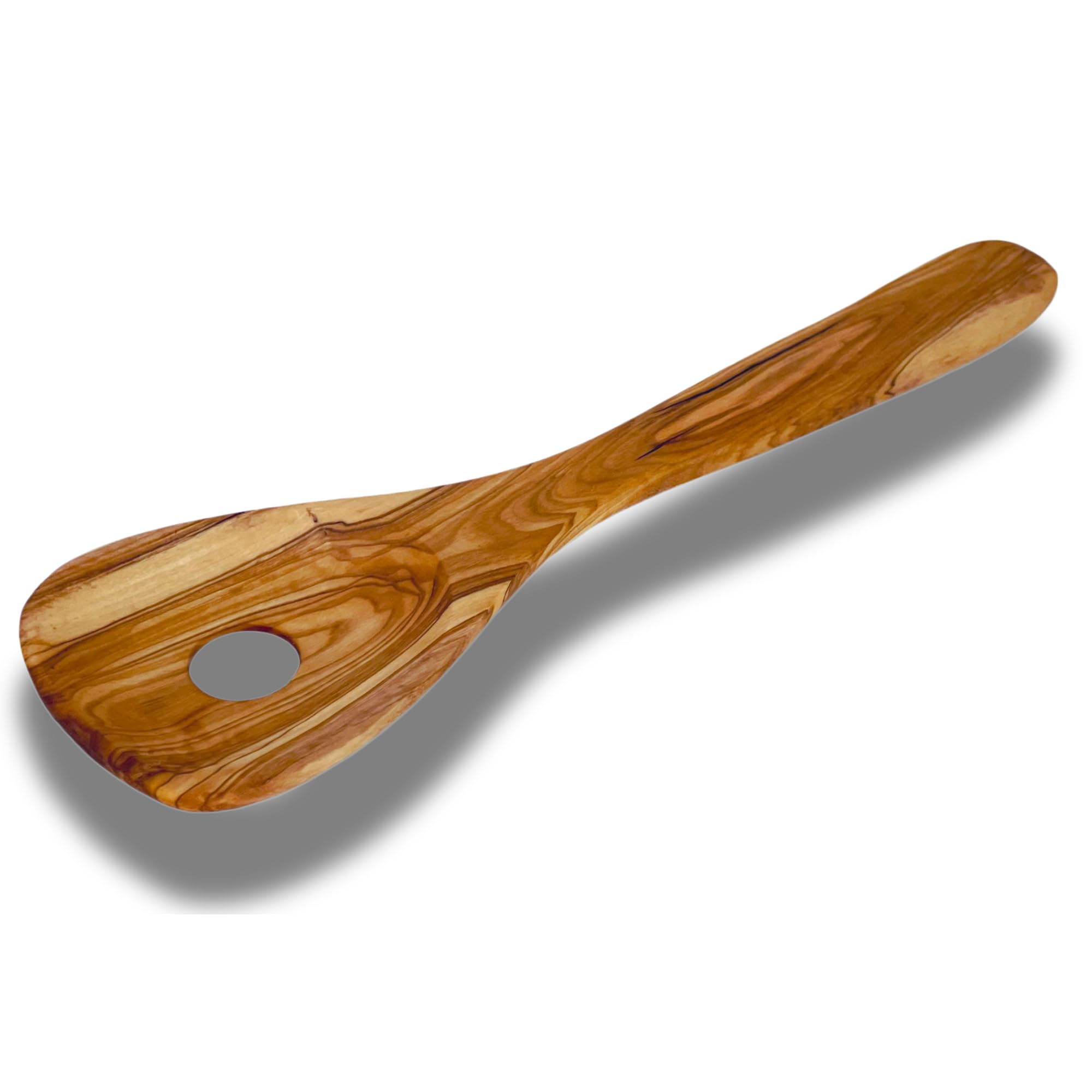 AramediA Wooden Cooking Utensil Olive Wood Risotto Spoon, Stir Spoon with Hole - Handmade and Hand Carved By Bethlehem Artisans near the birthplace of Jesus (12.5" x 2.5" x 0.3")