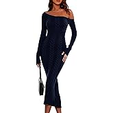 Simplee Womens Fall Long Sleeve Bodycon Sweater Dress 2025 Cable Knit One Off Shoulder Slit Ribbed Club Party Midi Dresses