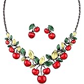 QLYOVWE Red Cherry Earrings Necklace Set for Women Dainty Green Leaf Pendant Necklace Charm Fruit Stud Earrings Charm Dinner Dress Bride Aesthetic Jewelry Set