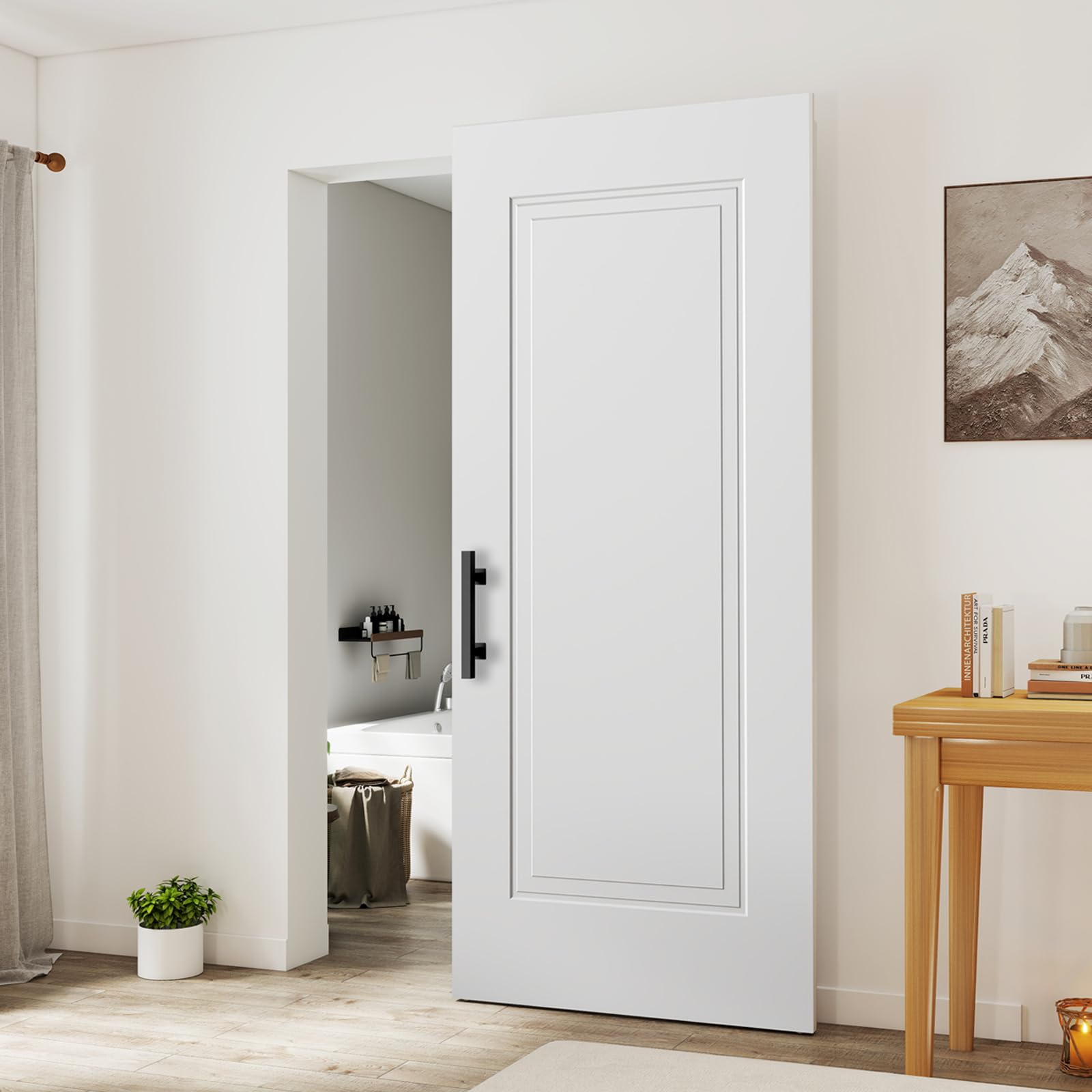 Photo 1 of JUBEST 36"x84" Concealed Barn Door with Soft Close Hardware Kits, White Primed Solid Core Hidden Door for Opening 32"-34"x80", 1 Flat Panel with 2 Steps, Matte Black Square Ladder Pull and Flush Pull