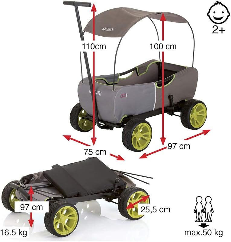 Eco Mobil Carro de Mano, apto para 2 Niños, Carro Transporte Plegable, Antivuelco, Toldo, Bollerwagen Niños, Asiento Acolchado, Freno, Carro Plegable, Carga Máxima 50 kg, Forrest Grayge