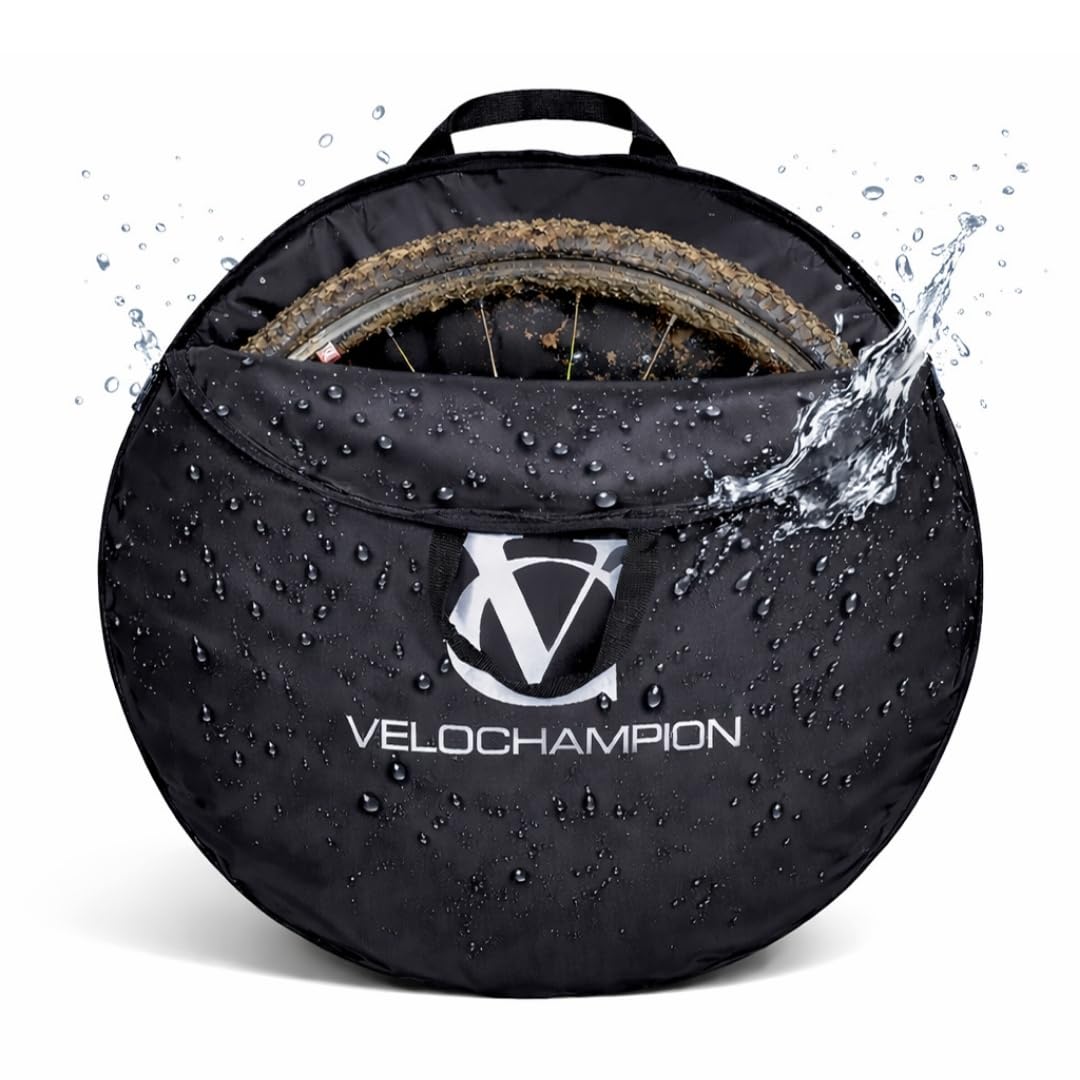 VeloChampion Waterproof Bicycle Wheel Bag Storage Cover | Mountain, Road, Gravel or Kids BMX | 650b. 700c. 16” 20” 24” 26” 27.5” 29” Bike Wheelset Transport Travel Case (1, Large 26-29”)