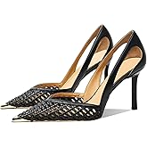 DONRRNDK Women's Breathable PU Woven Stilettos Heels Sexy Pointed Toe Metal D'Orsay Cutout Elegant Dress Pumps for Wedding Evening Party