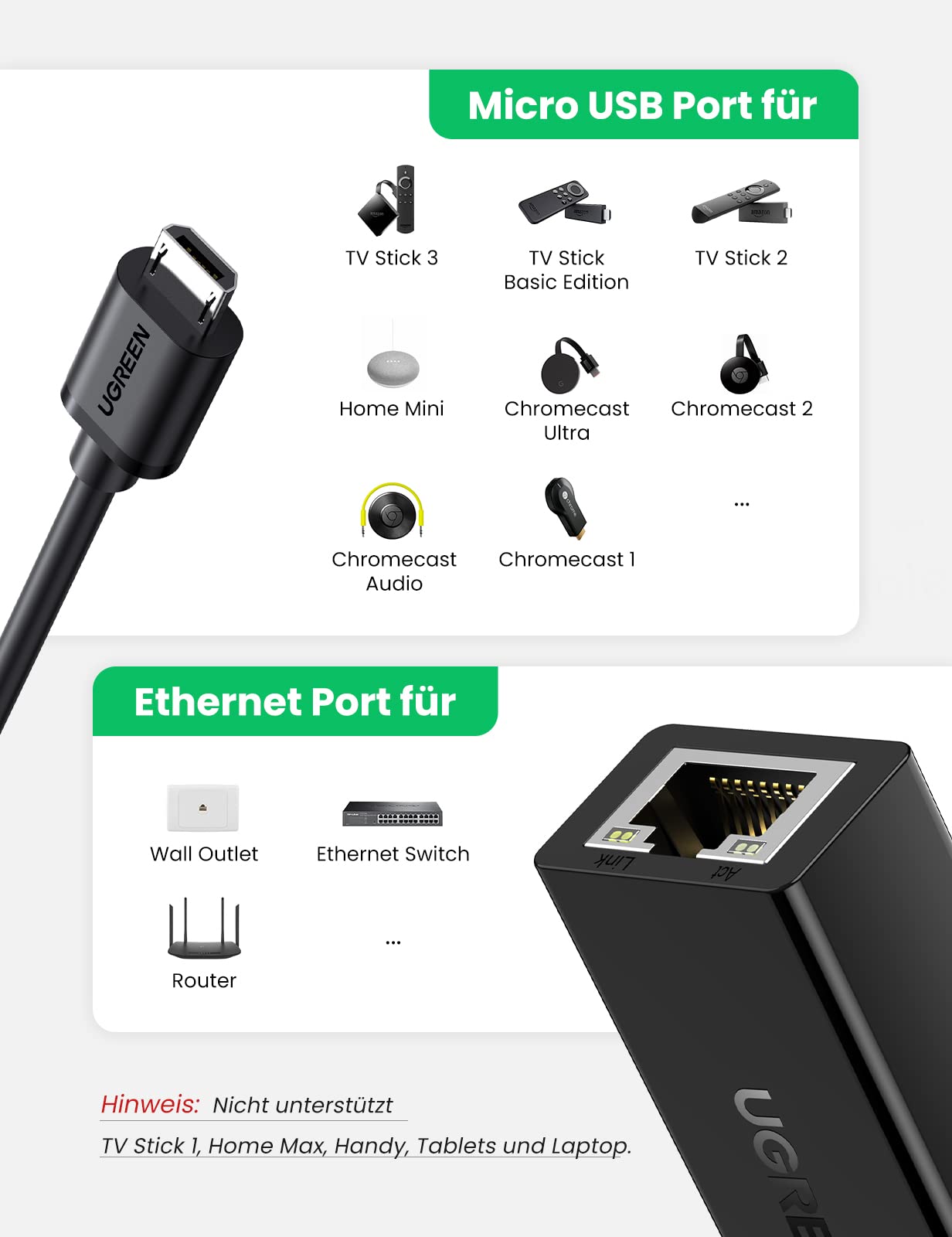 Cpu Stick Rj45 Mua UGREEN Ethernet Adapter für Chromecast und TV Stick Micro USB auf ...
