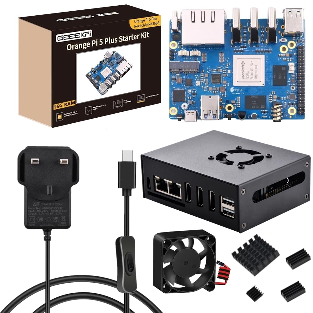 GeeekPi Orange Pi 5 Plus 16GB LPDDR4/4x Rockchip RK3588 8-Core 64-Bit Single Board Computer with eMMC Socket,OPi 5 Plus Metal Case,5V 3.6A PSU,40mm Fan,4pcs Aluminum Heatsinks for Orange Pi 5 Plus