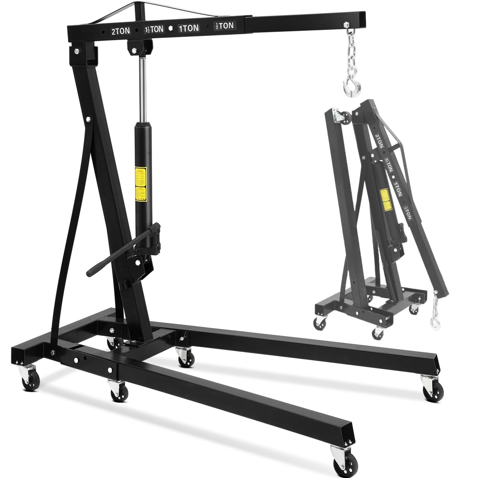 Photo 1 of 2 Ton Hydraulic Engine Hoist, 4400LB Folding Cherry Picker Shop Crane Hoist Lift with 6 Casters & Telescopic Boom for Lifting Motor, Garage, Workshop and Factory, Heavy Duty, Black