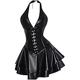 WDIRARA Women's PU Leather Lace Up Mini Halter Dress Sexy Punk Sleeveless Ruffle Layered A Line Dresses