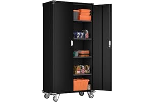 Aobabo 72 Inch Tall 2 Door Rolling Locking Metal Storage Cabinet Organizer with 4 Adjustable Shelves and 2 Keys for Garages and Offices, Black