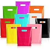POPGIFTU 100-Pack Plastic Gift Bags with Handles -10 Vibrant Colors, 9x12 Inches,1.75 Mil Thick Glossy, Bulk Multicolor Goodie Bags for Kids Birthday, Party Favors, Small Business & Retail Store