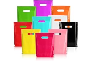 POPGIFTU 100-Pack Plastic Gift Bags with Handles -10 Vibrant Colors, 9x12 Inches,1.75 Mil Thick Glossy, Bulk Multicolor Goodie Bags for Kids Birthday, Party Favors, Small Business & Retail Store