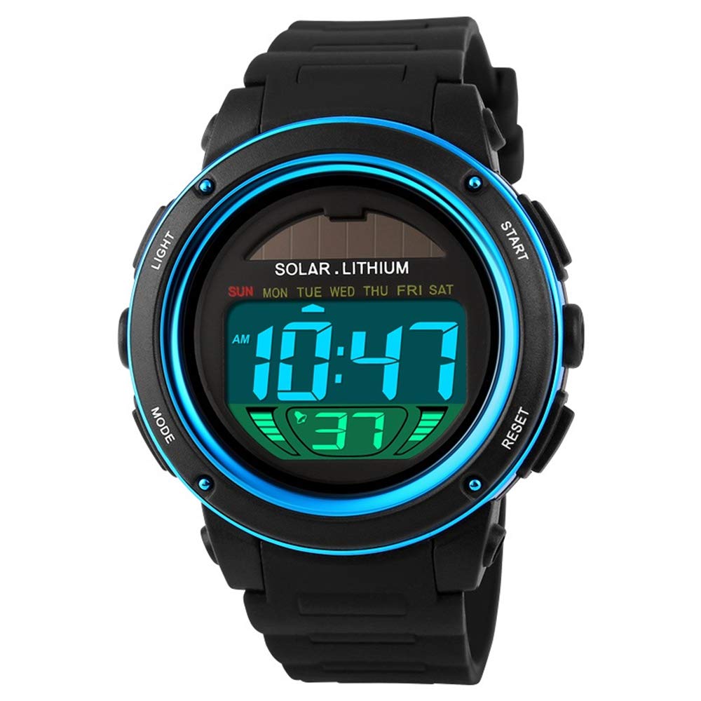 FeiWen Unisex Solar Digital Sports Military Watches LED Display Outdoor Multifunction Backlight Alarm Stopwatch Calendar Plastic Case Rubber Band 50M Waterproof Simple Design