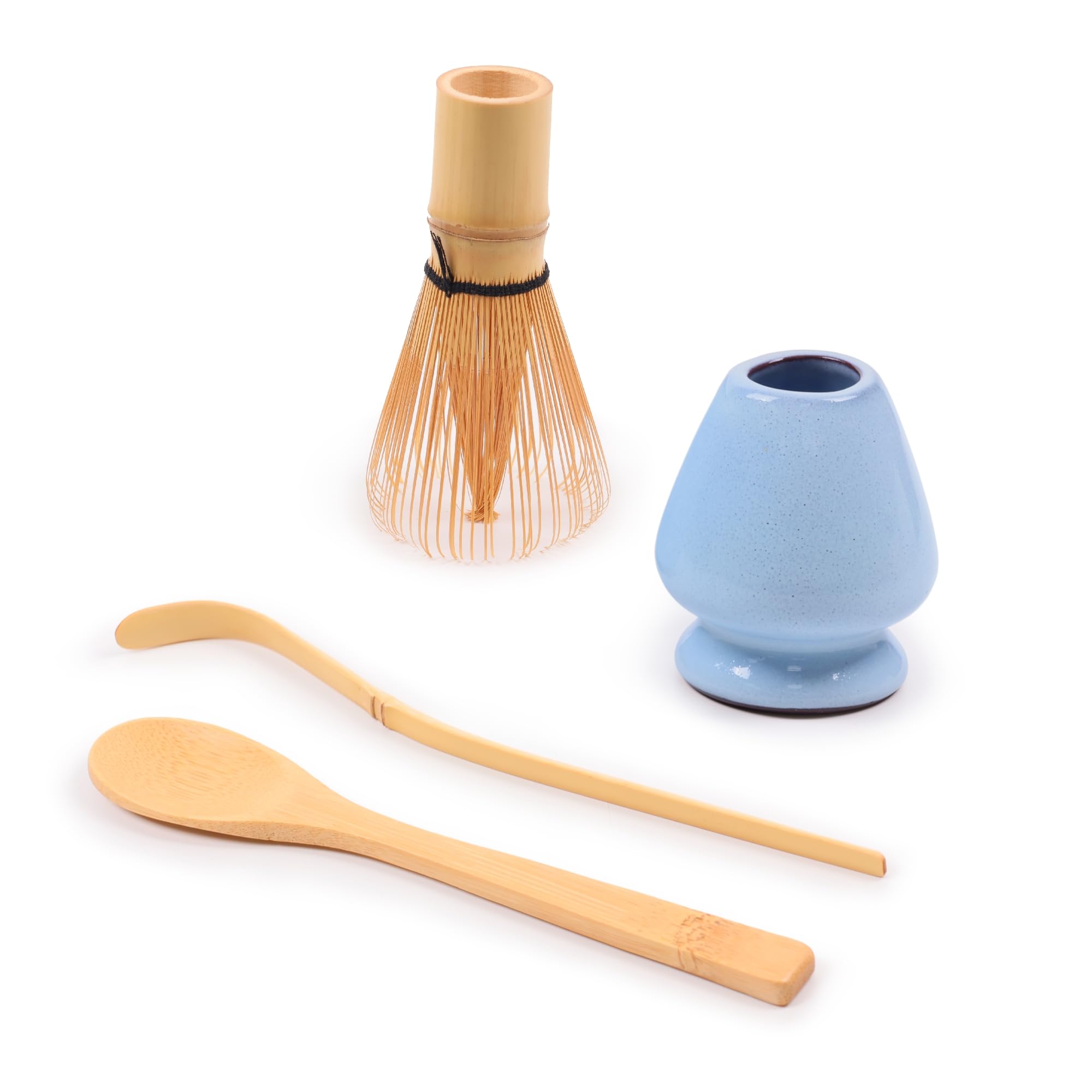 BambooMN Brand - Matcha Green Tea Whisk Set - Whisk + Scoop + Tea Spoon + Shimmering Blue Whisk Holder