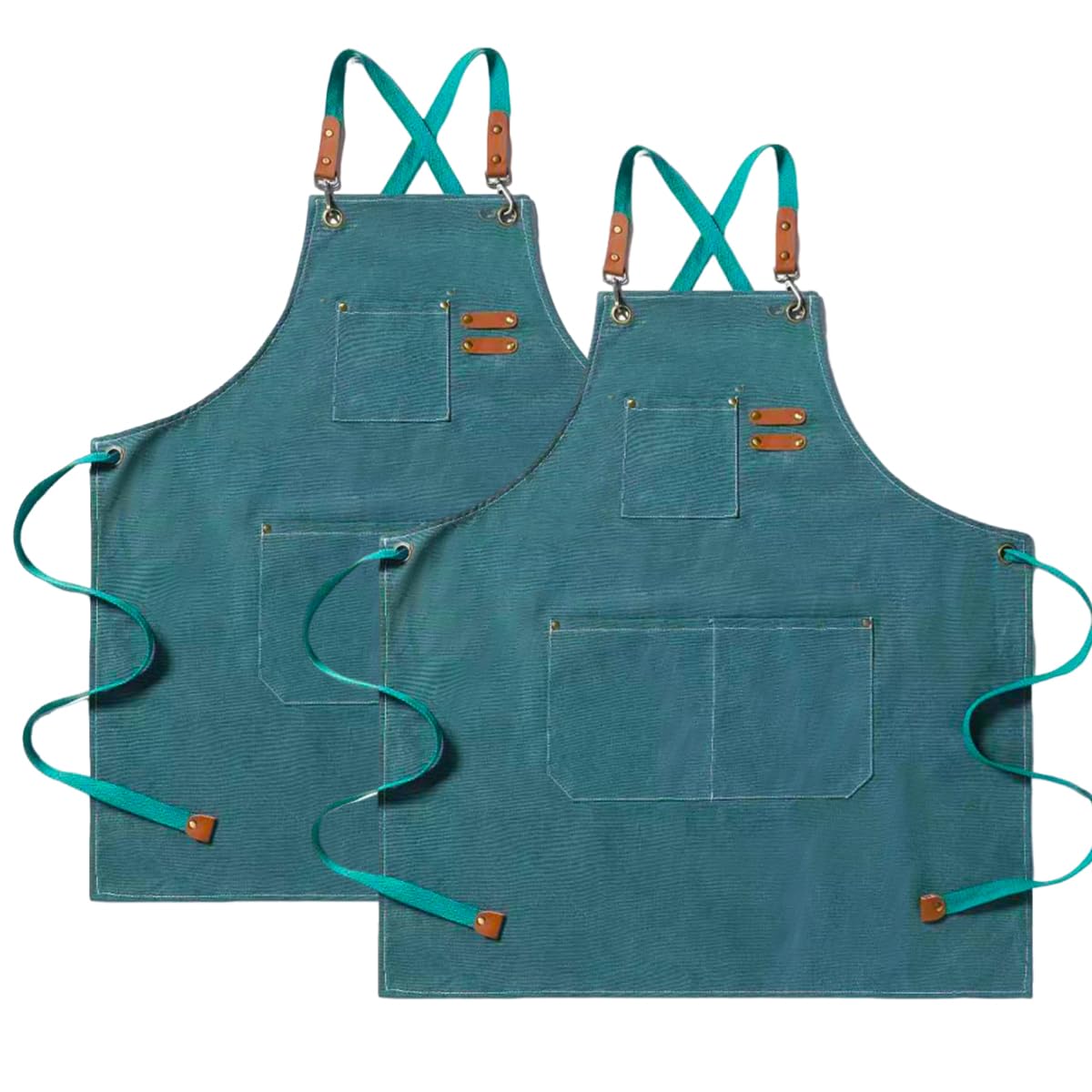 CHAILIQIANGG Apron, 2 Pieces Canvas Kitchen Apron, Waterproof Barbecue Apron with 3 Pockets, Adjustable Strap for Men Women, Green