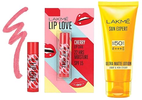 LAKMe Lip Love Chapstick Cherry, 4.5 g & Lakme Sun Expert SPF 50 PA+++ Ultra Matte Lotion, 50 ml