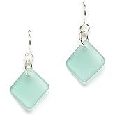 EcoSeaCo Sea Glass Delicate Diamond Earrings, Sterling Silver Dangle Beach Glass Handmade Earrings, Women's Jewelry, Made in the USA