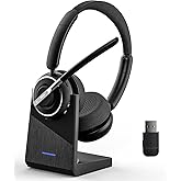 (2025 Upgraded) Wireless Headset with Mic for Work, Bluetooth Headset with Noise Canceling Microphone with Dongle, Charging Base & Mic Mute, Wireless Headphones for Work from Home/PC/Computer