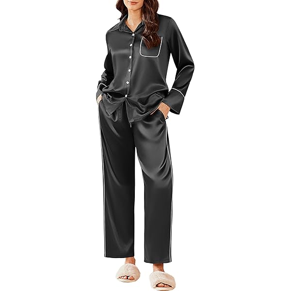 Satin Pajama Set for Women Sexy Soft Silky Lace Floral V Neck Tops