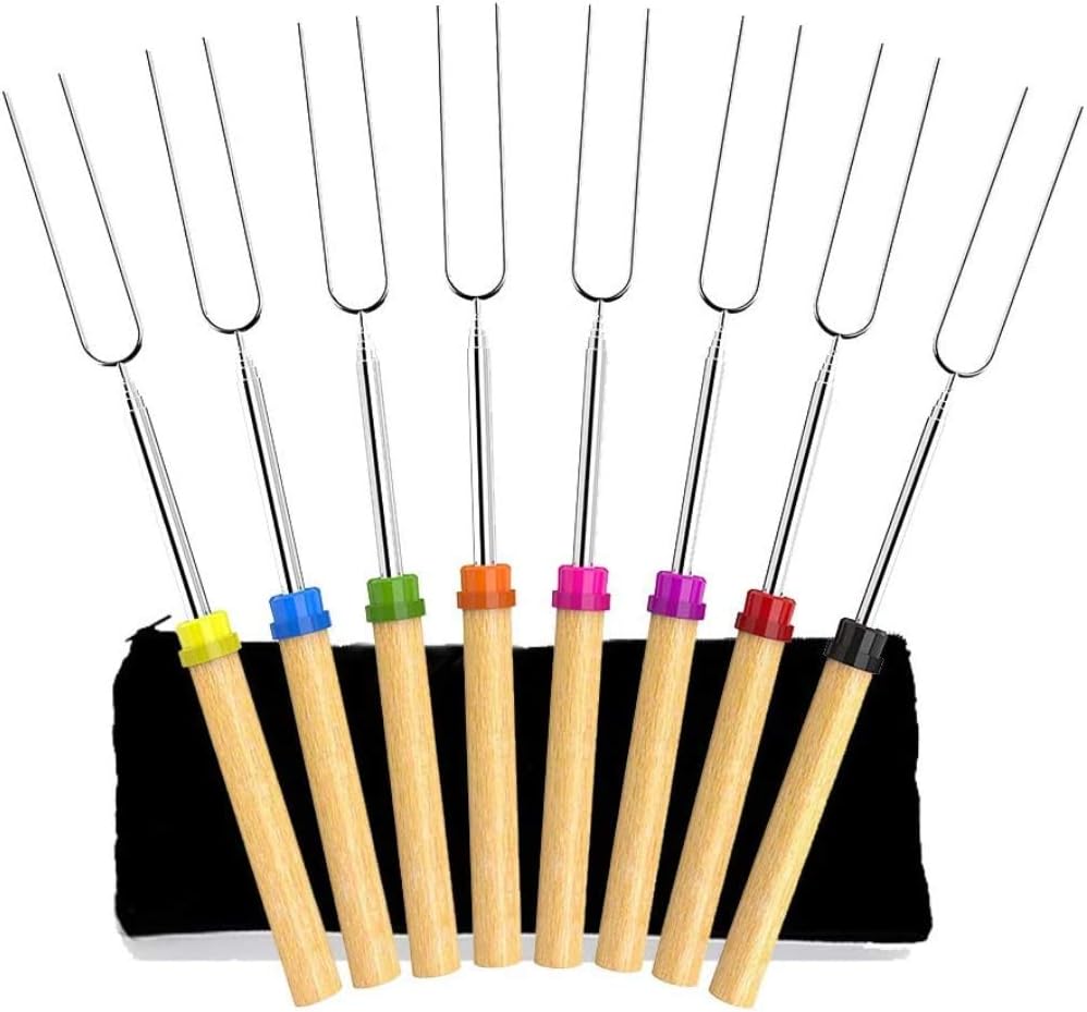 Newthinking Extendable Marshmallow Roasting Sticks, 32-inch Stainless Steel Barbecue Forks Sticks with Wooden Handle Roasting Sticks for Campfire, Fire Pits, Camping, Set of 8 : Garden & Outdoor