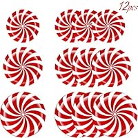 12pcs Peppermint Floor Decals Stickers - 3 Sizes Self-Adhesive Design Christmas Candy Stickers for Christmas Decoration Candy Party Supply (Red)