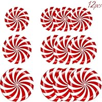 12pcs Peppermint Floor Decals Stickers - 3 Sizes Self-Adhesive Design Christmas Candy Stickers for Christmas Decoration Candy Party Supply (Red)