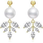 LONAGO Pearl Earrings for Women Dainty 14K Gold Plated Dangle Drop Studs 925 Sterling Silver Bridal Leaf Pearl Cubic Zirconia Stud Earring Wedding Jewelry Gifts