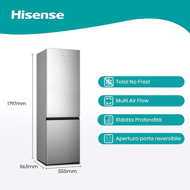 RB329N4ACE Frigorifero Combinato a libera installazione, Total No frost con ventilazione multiflow, Inox Look, Altezza 180 cm, capacità netta 255 L